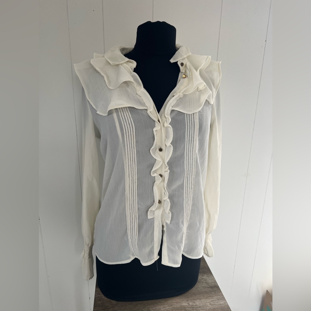 Zara Basic Sheer Ivory Ruffled Button Down Blouse… - image 1